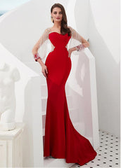 Satin Bateau Red Beading Long Sleeves Mermaid Evening Dress