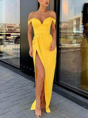 Yellow Mermaid Pleats Satin Off the Shoulder Prom Dress