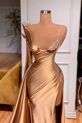 Satin Gold One Shoulder Mermaid Prom Dress With Slit