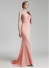 Crystal V-neck Neckline Mermaid Evening Dress With Beadings & Slit