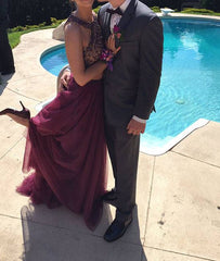 Burgundy two pieces sequin long prom dress, evening dress - RongMoon