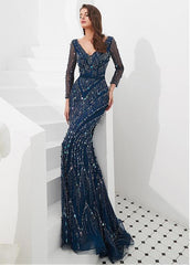 Lace V-neck Long Sleeve Blue Mermaid Evening Dress