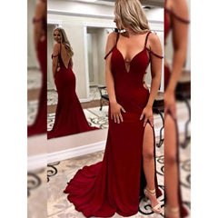 Burgundy Sheath/Column Spaghetti Straps Ruffles Satin Prom Dress