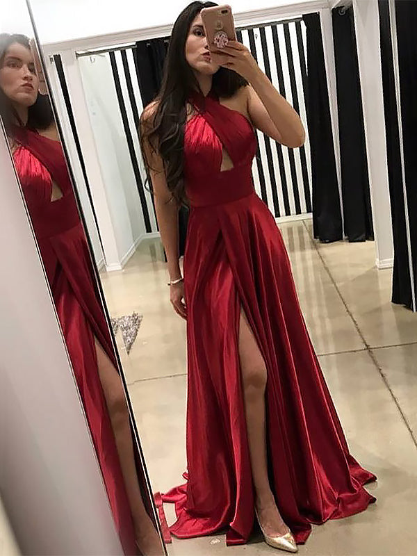 Burgundy  Halter Ruffles Silk like Satin Prom Dresses