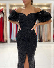 Black Off The Shoulder Sparkle Puffy Sleeve Trumpet Mermaid Formal Dress