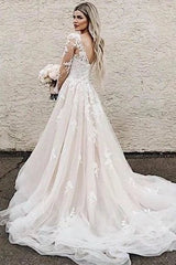 Appliques Champagne Sheer Long Sleeves Bridal Wedding Dress