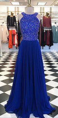 Royal blue round neck long prom dress, blue evening dress - RongMoon
