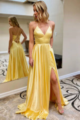 Yellow simple satin long prom dress yellow formal dress - RongMoon