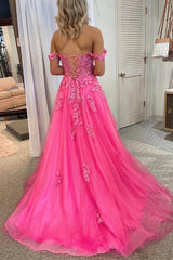 Pink Off The Shoulder Appliques Tulle Beading Prom Dress