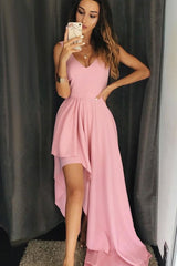 Chiffon V Neck High Low Pink Ruffles Prom Dress