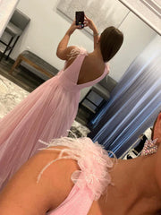 Pink V Neck Tulle Feather Flower Prom Dress
