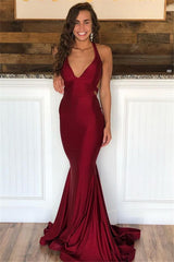 V-Neck Satin Backless Burgundy Halter Mermaid Prom Dress