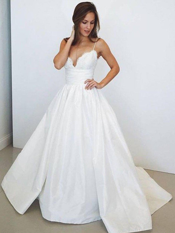 Sweep Train Ball Gown Ruched Satin Spaghetti Straps Wedding Dress