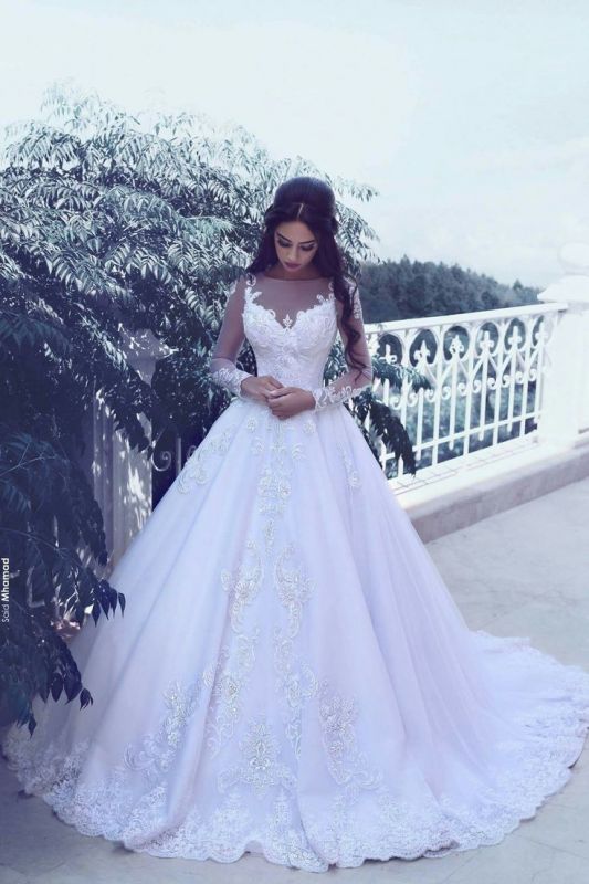 Jewel Long Sleeves Tulle Appliques Bridal Ball Gown Wedding Dress