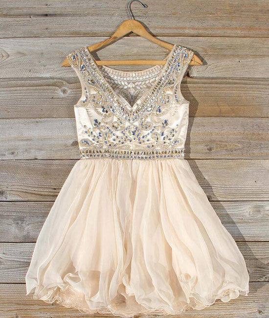 Cute round neck bead apricot short prom dress, homecoming dress - RongMoon