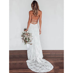 Sheath Column Lace Spaghetti Straps Wedding Dress
