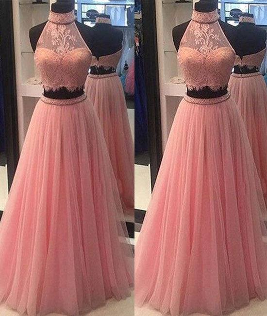 Pink two pieces lace tulle long prom dress, pink evening dress - RongMoon