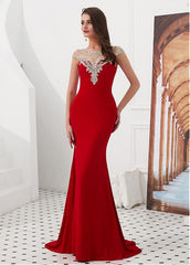 Tulle & Satin Jewel Red Beading Mermaid Evening Dress
