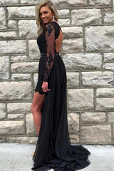 Open Back Lace Black Round Neck Long Sleeves Prom Dress with Slit