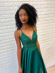 A Line V Neck Backless Lace Green Prom Dresses with Split