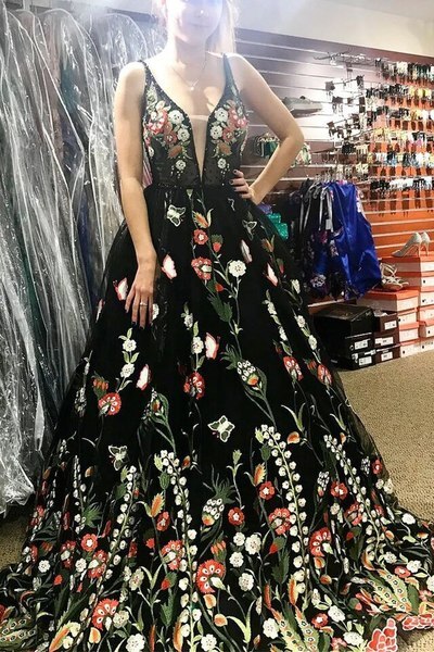 Deep V-neck A-Line Black V-neck Backless Embroidery Flower Prom Dress