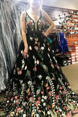 Deep V-neck A-Line Black V-neck Backless Embroidery Flower Prom Dress