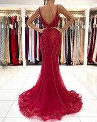 Burgundy Mermaid Sparkle Beading Backless Tulle Formal Prom Dress