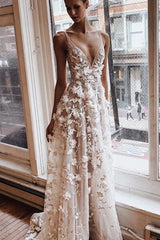 Unique Tulle V Neck Long A-Line Floral Wedding Dress