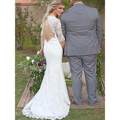 Sheath Column Lace Bateau 1/2 Sleeves Sweep/Brush Train Wedding Dress