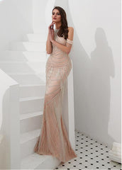 High Collar Beading Champagne Mermaid Evening Dress
