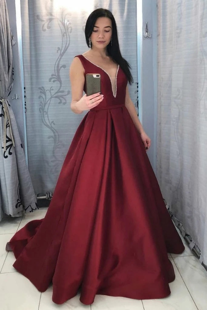 A Line Satin Burgundy V Neck See Through Backless Prom Dress