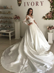 White Ball Gown Satin Long Sleeve Appliques Wedding Dress With Train
