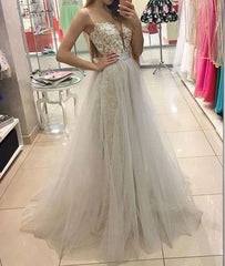 White sweetheart lace tulle long prom dress, white evening dress - RongMoon