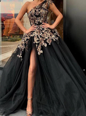 One Shoulder Embroidery Black Ball Gown Tulle Prom Dress