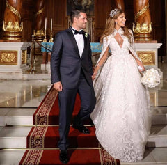 Beads Appliques A-line Lace Cape Straps V-neck Wedding Dress