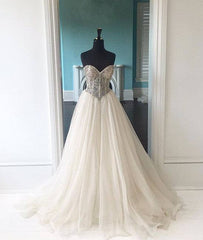 White sweetheart sequin long prom dress, white evening dress - RongMoon