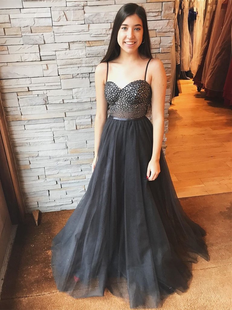 Rhinestone Black Sweetheart Tulle Long Prom Dress