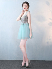Mint V-Neck Beading Crystal Cocktail Dress