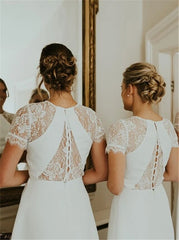 White Satin Lace Hi Lo Short Sleeve Bridesmaid Dress