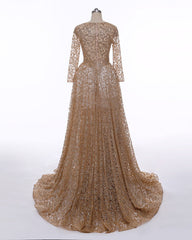 Long Sleeves Sequin Gold Mermaid Prom Dress