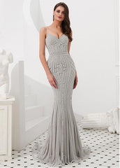 Tulle Spaghetti Straps Silver Mermaid Evening Dress With Rhinestones
