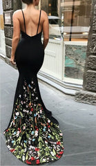 Mermaid Spaghetti Straps Black Prom Dress with Embroidery