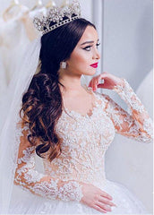 Long Sleeves Tulle Sheer Jewel Beading Ball Gown Wedding Dress