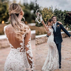 Cheap Long Sleeve See Through Lace Close-fitting Outdoor Beach Wedding Dress