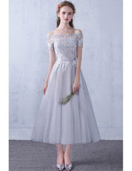 Short Sleeve Champagne Off The Shoulder Tea Length Wedding Dress