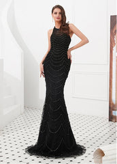 Tulle & Satin Jewel Black Beading Mermaid Evening Dress