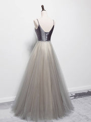 Simple gray v neck tulle long prom dress, gray tulle formal dress - RongMoon