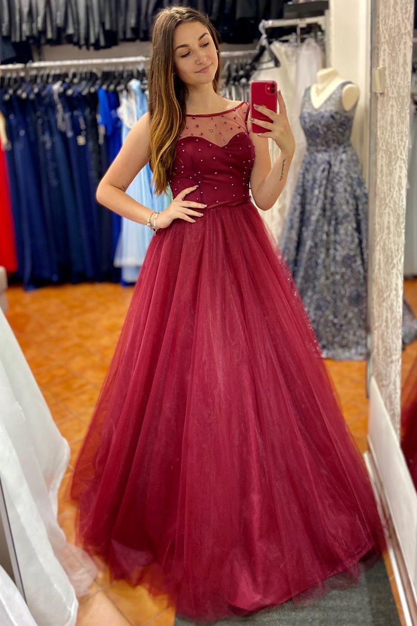 Scoop Long Sheer A-Line Red Beading Tulle Prom Dress
