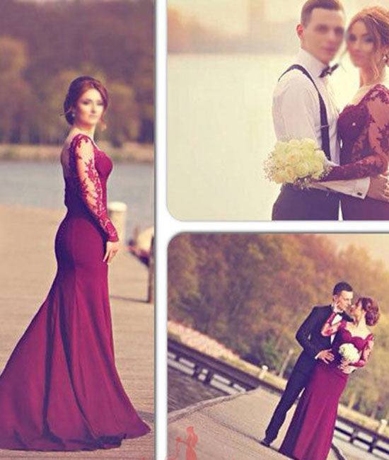 Custom Made Long Maroon Lace Prom Dresses, Formal Dresses - RongMoon