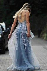 Blue Appliques Trumpet Mermaid Detachable Train Prom Dress